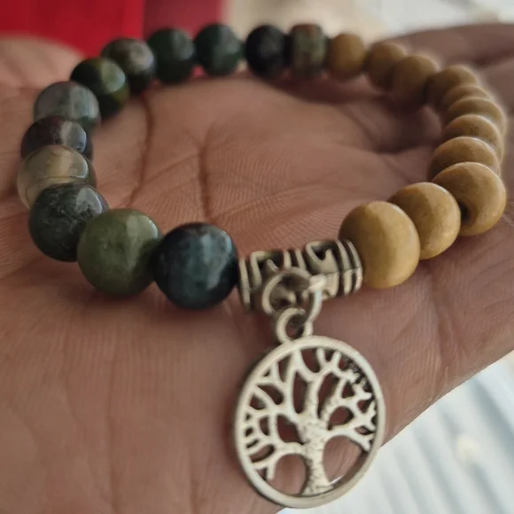 Tree Of Life Braclet! Handmade With Natural Moss Agate And Mala Beads! - Picture 10 of 12